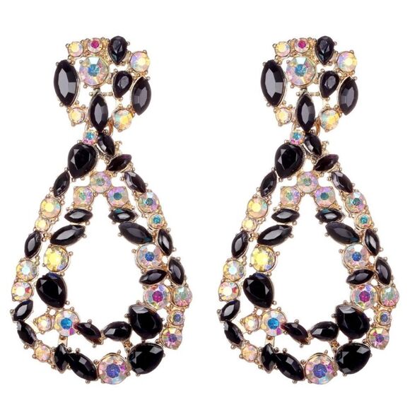 Yellow Gold with Onyx and Iridescent AB Crystal Geometric Teardrop Post Earrings - Picture 1 of 4